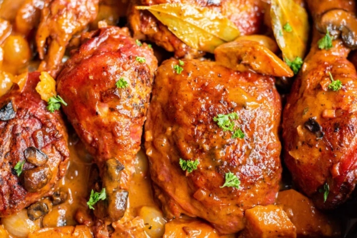 Grilled chicken drumsticks served with a rich, herbed sauce and roasted potatoes.