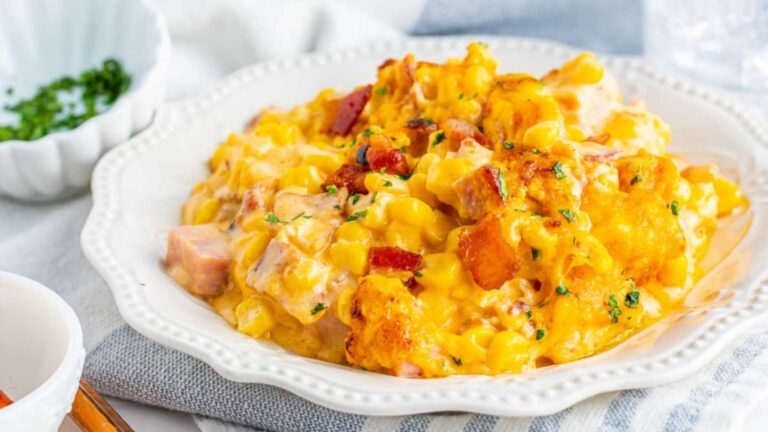 Cream Cheese Corn Casserole With Bacon And Ham recipe by Kitchen Divas.