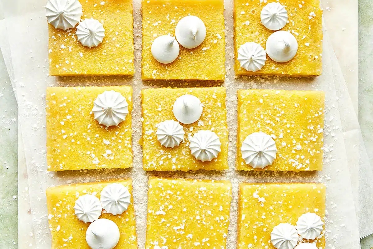 Lemon meringue squares with white icing.