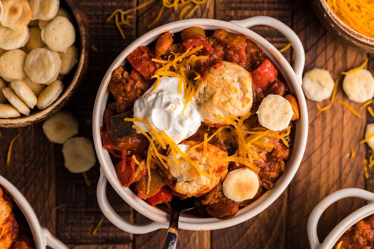 One-Pot Turkey Chili And Biscuits.