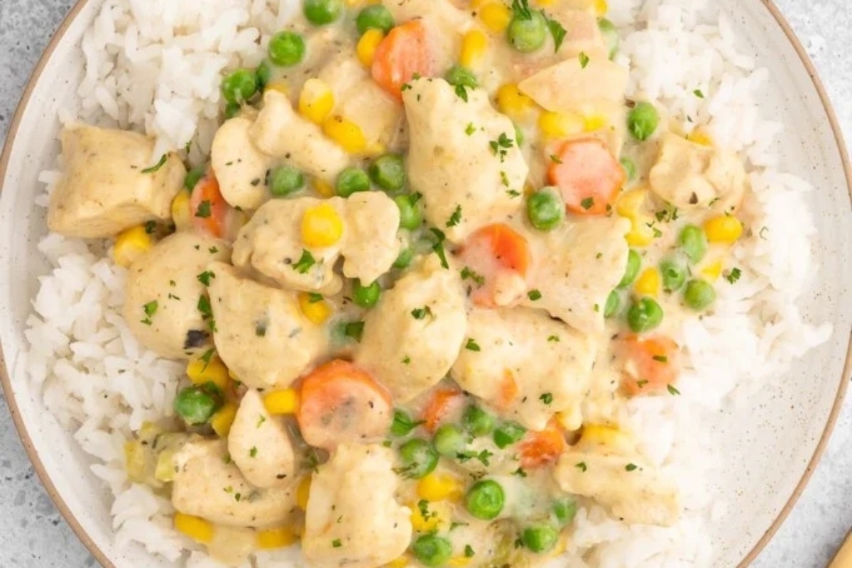 A plate of chicken and vegetable gravy over white rice.