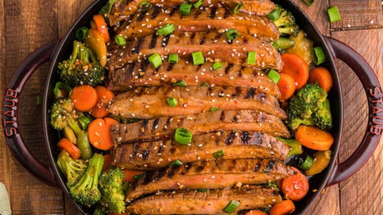 Easy Cast Iron Teriyaki Flank Steak With Veggies recipe by xoxoBella.