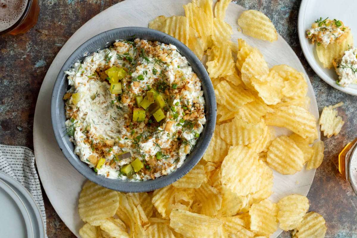 Creamy Fried Dill Pickle Dip With Potato Chips. 