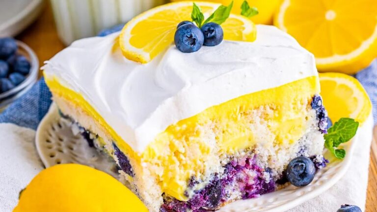 Easy Blueberry Lemon Poke Cake (with Lemon Pudding).