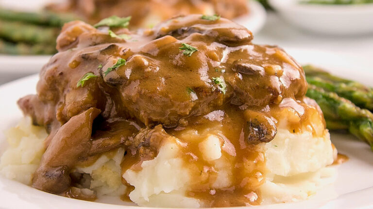 Crockpot Salisbury Steak recipe by Cheerful Cook.