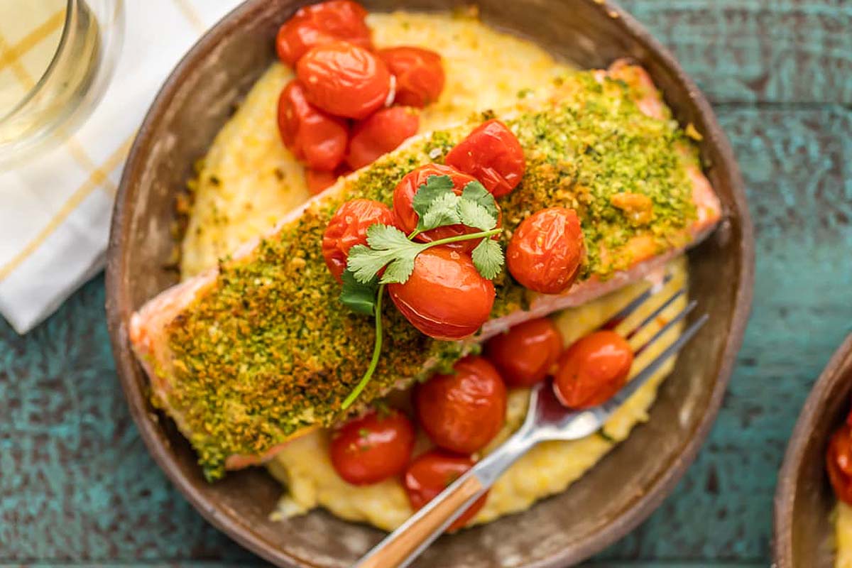 Herb Crusted Salmon With Goat Cheese Polenta Recipe.
