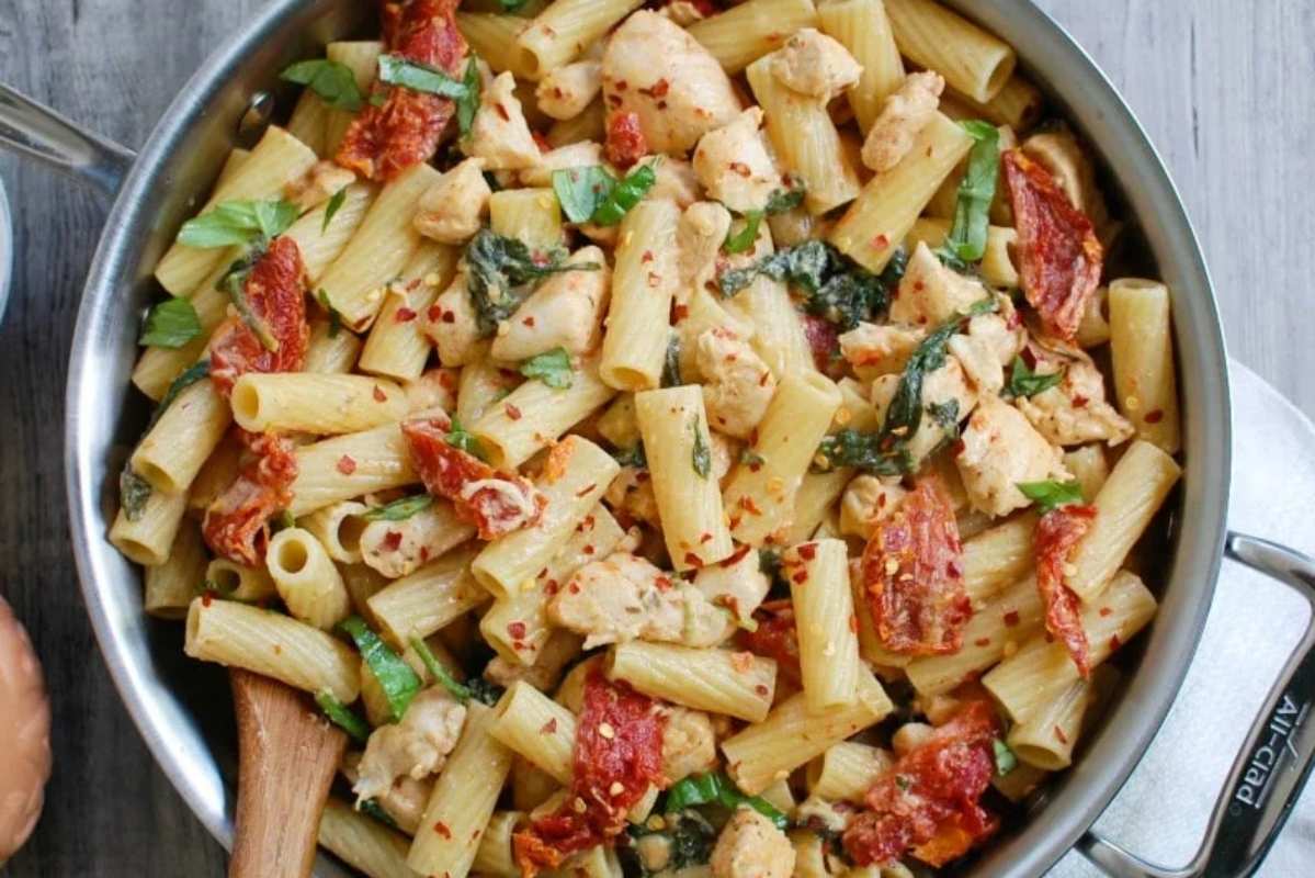 Mozzarella Chicken Pasta With Sun-Dried Tomatoes.