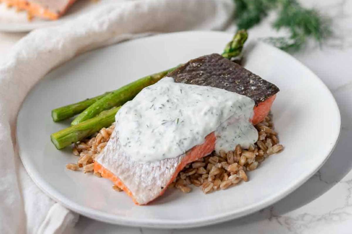 Salmon With Yogurt Dill Sauce. 