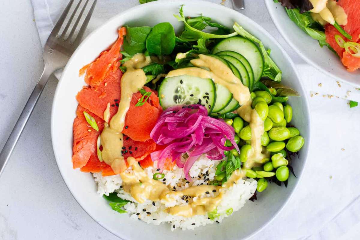 Smoked Salmon Bowls With Miso Tahini Dressing. 