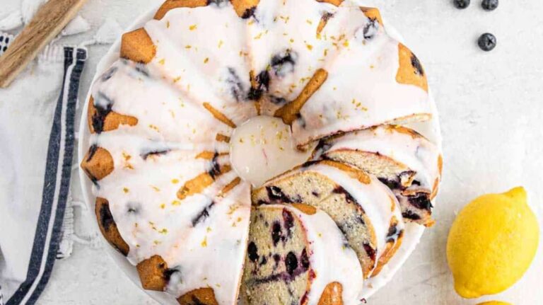 Sweet & Tangy Lemon Blueberry Pound Cake Recipe.