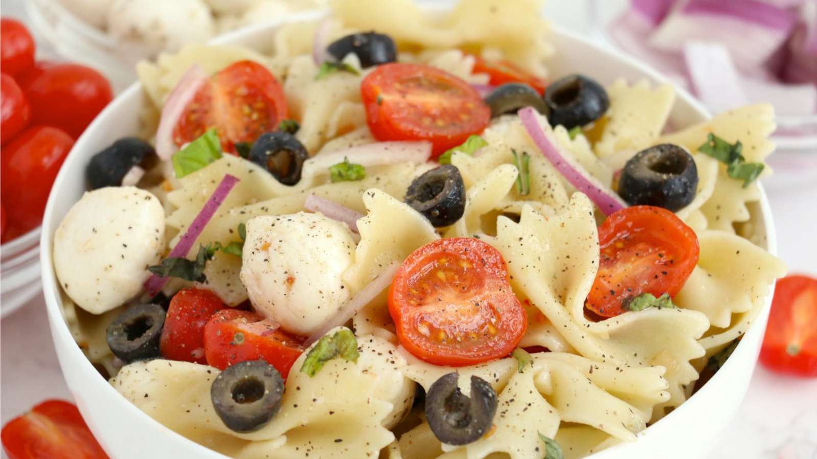 Caprese Bowtie Pasta Salad recipe by Bitz and Giggles.