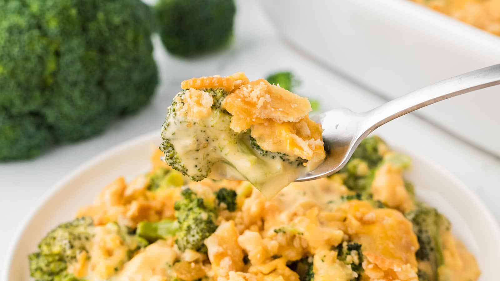Easy Cheesy Broccoli Casserole with Velveeta and Ritz Crackers.