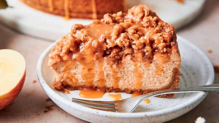 Apple Crisp Cheesecake recipe by A Full Living.