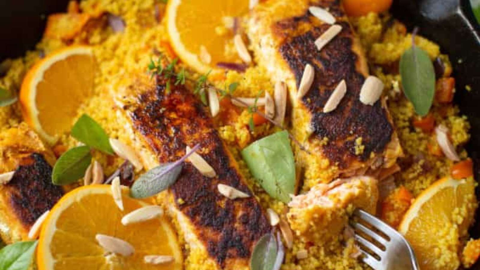33 Easy Seafood Dinners That’ll Have You Skipping Takeout 17 Turmeric Salmon And Couscous recipe by Seasonal Cravings.