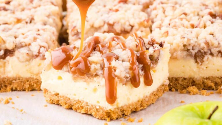 Caramel Apple Cheesecake Bars recipe by Tessie's Table.