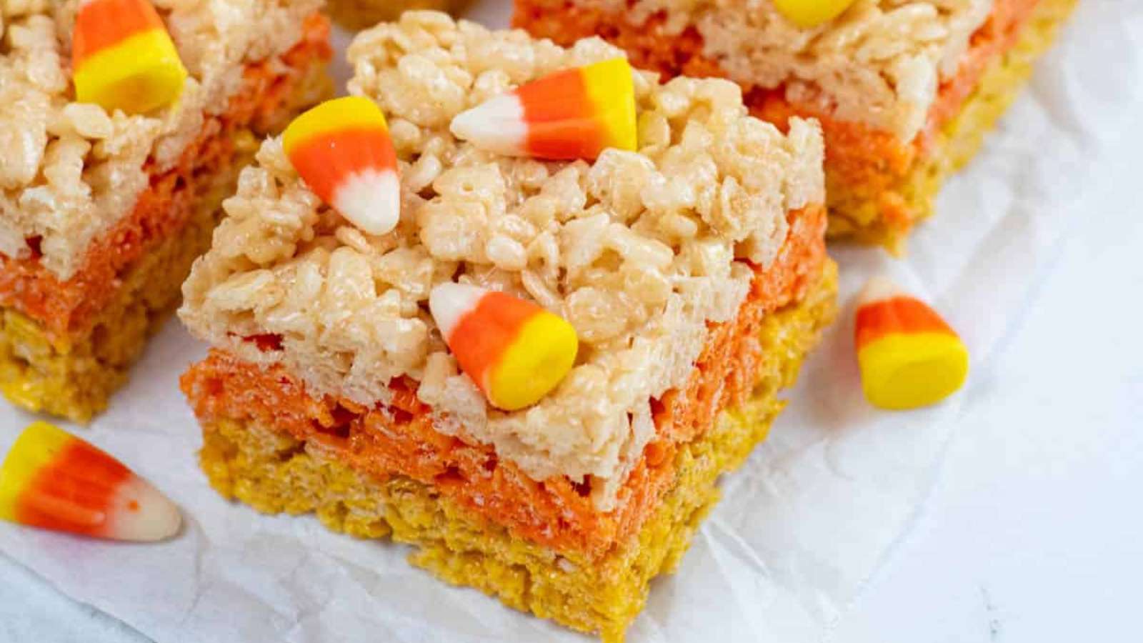 17 Candy Corn Desserts That Are Almost Too Cute to Eat 11 Candy Corn Rice Krispie Treats recipe by Fantabulosity.