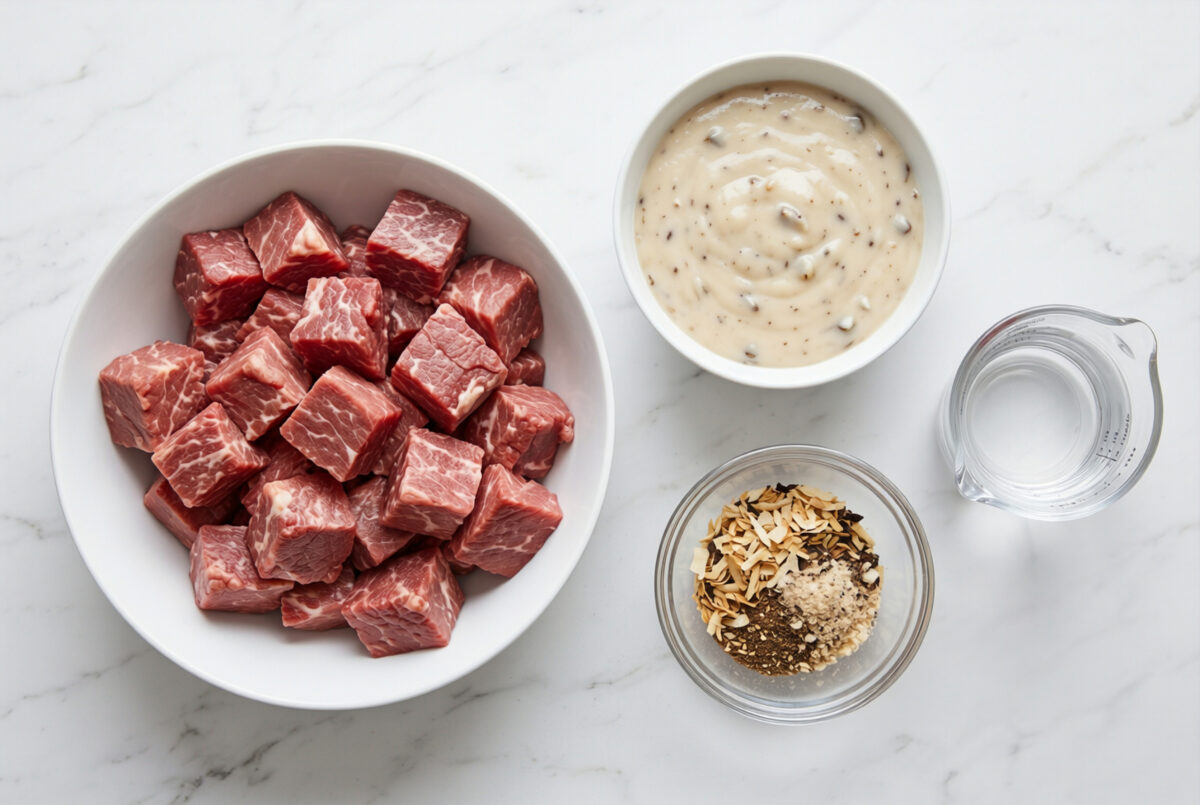 Oven-Baked 4-Ingredient Creamy Mushroom Beef Bake 3 Oven Baked 4 Ingredient Creamy Mushroom Beef Bake ingredients