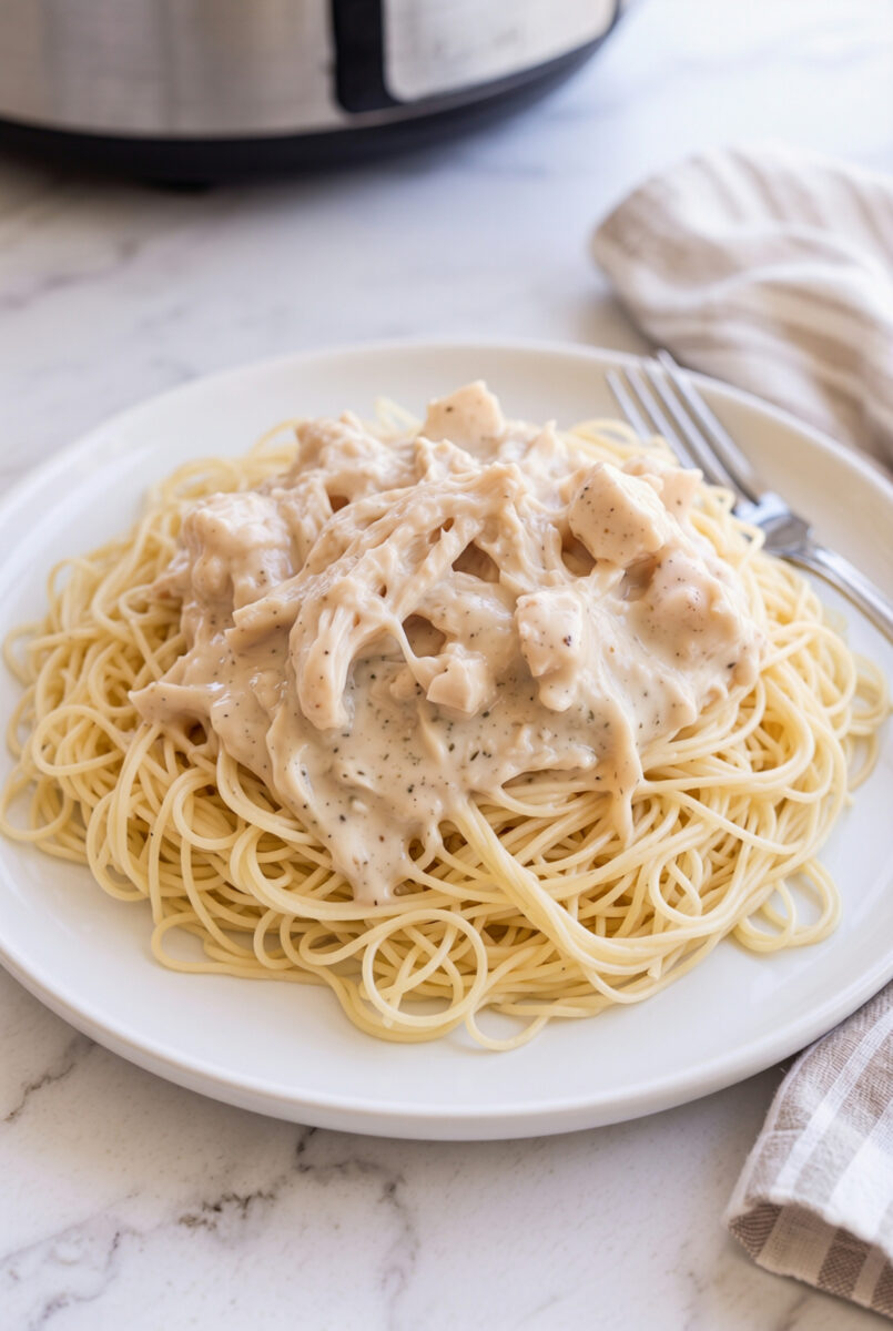 A warm plate of angel hair pasta topped with shredded angel chicken and a rich, creamy sauce