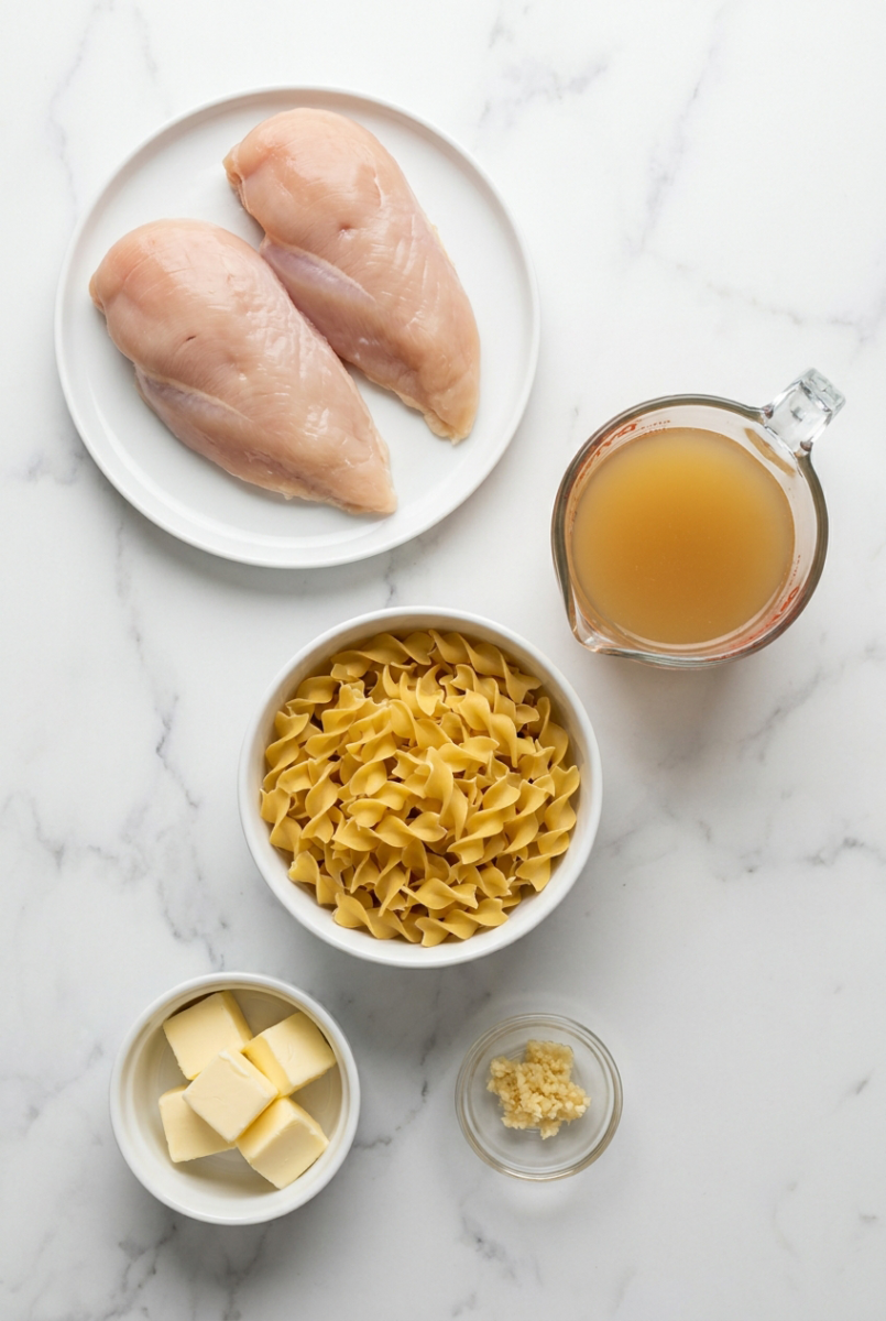 Easy One-Pan Buttery Chicken and Noodles 3 skillet filled with buttery chicken and noodles ingredients